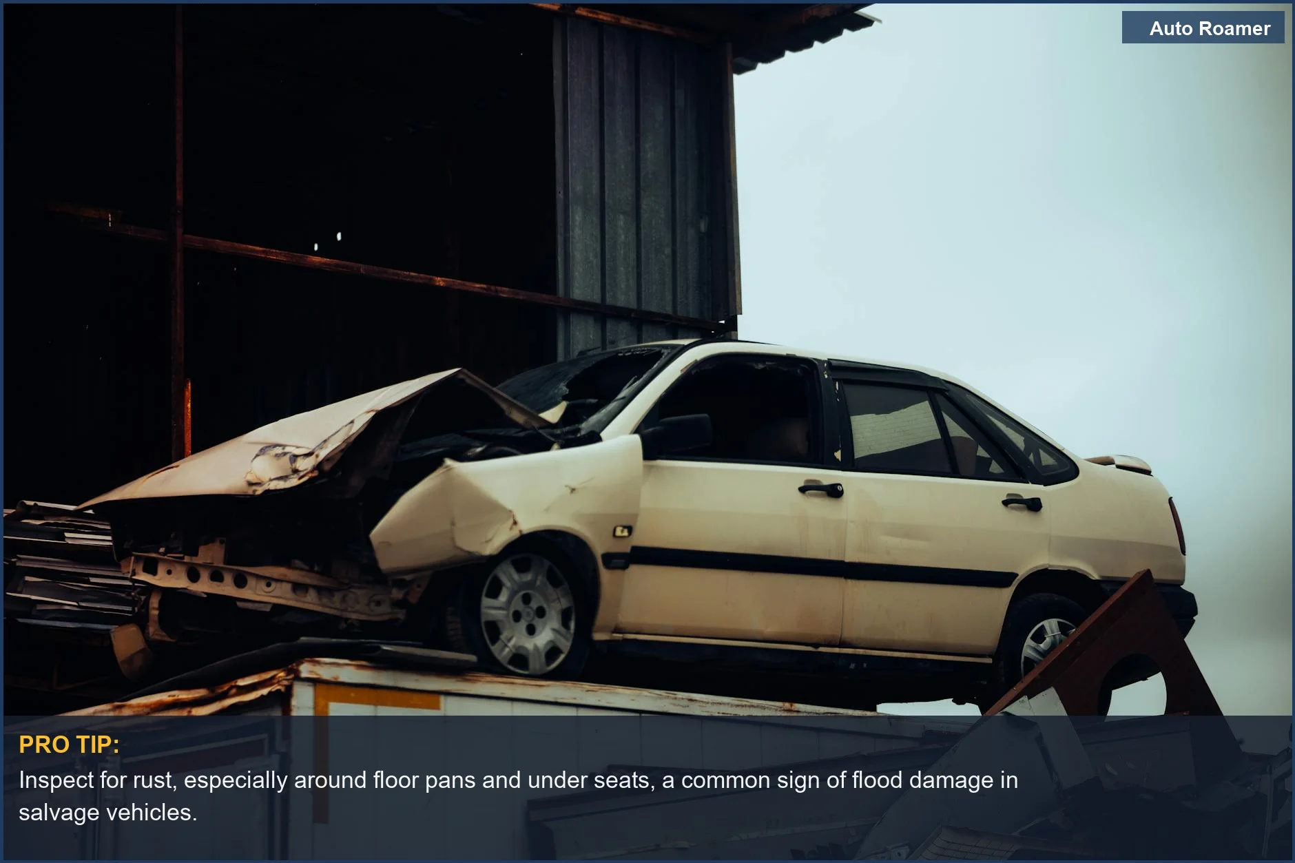 Damaged car on scrap heap, representing automotive decay and risks of salvage title cars.