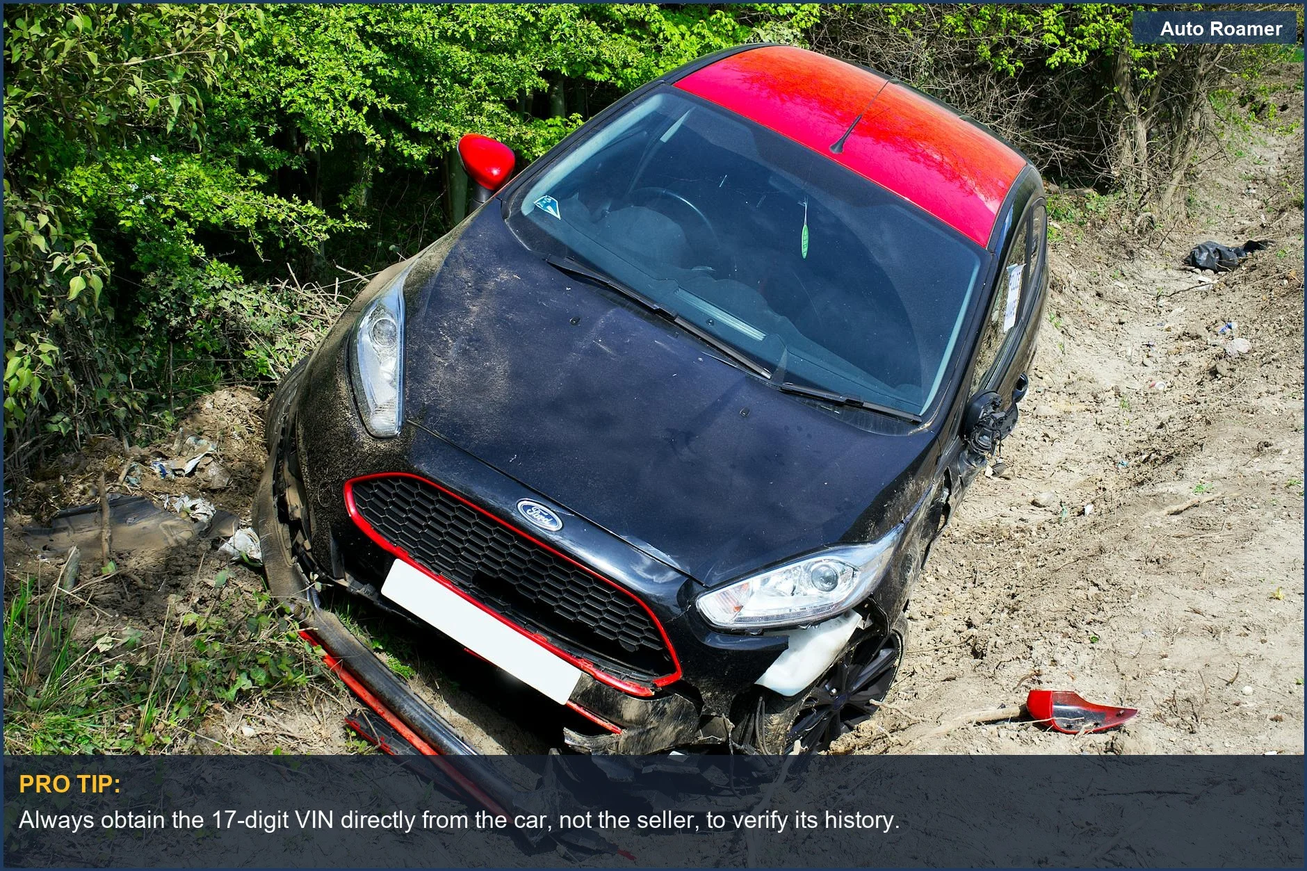 Damaged car on UK dirt road after accident, symbolizing risks of salvage title car camping vehicles.