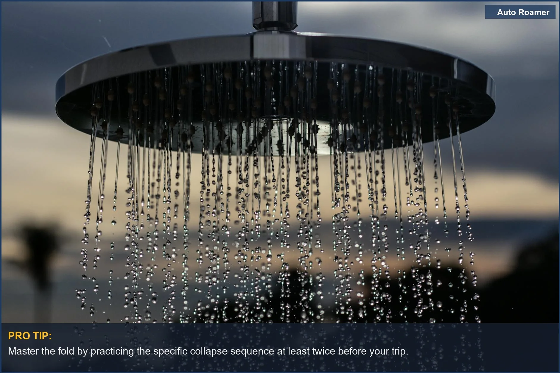 Close-up of a shower head with water drops flowing, symbolizing a quick shower tent takedown.