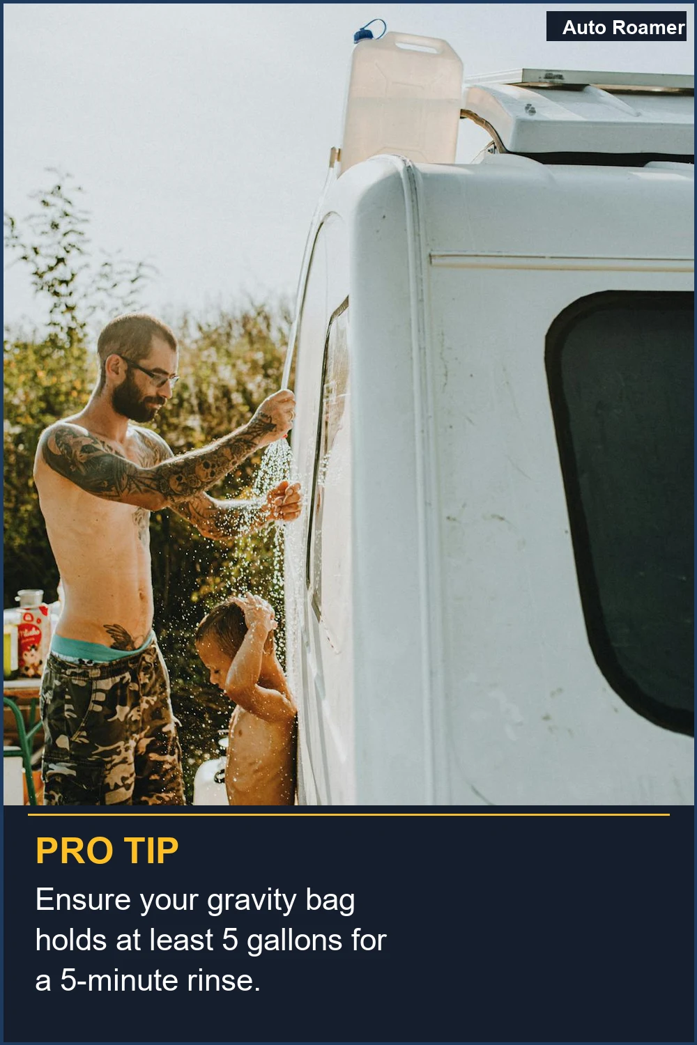 Ensure your gravity bag holds at least 5 gallons for a 5-minute rinse.