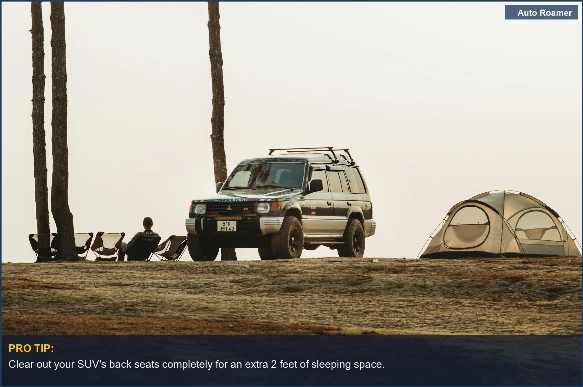 Beginner's easy tent setup next to an SUV in a serene forest camping scene.