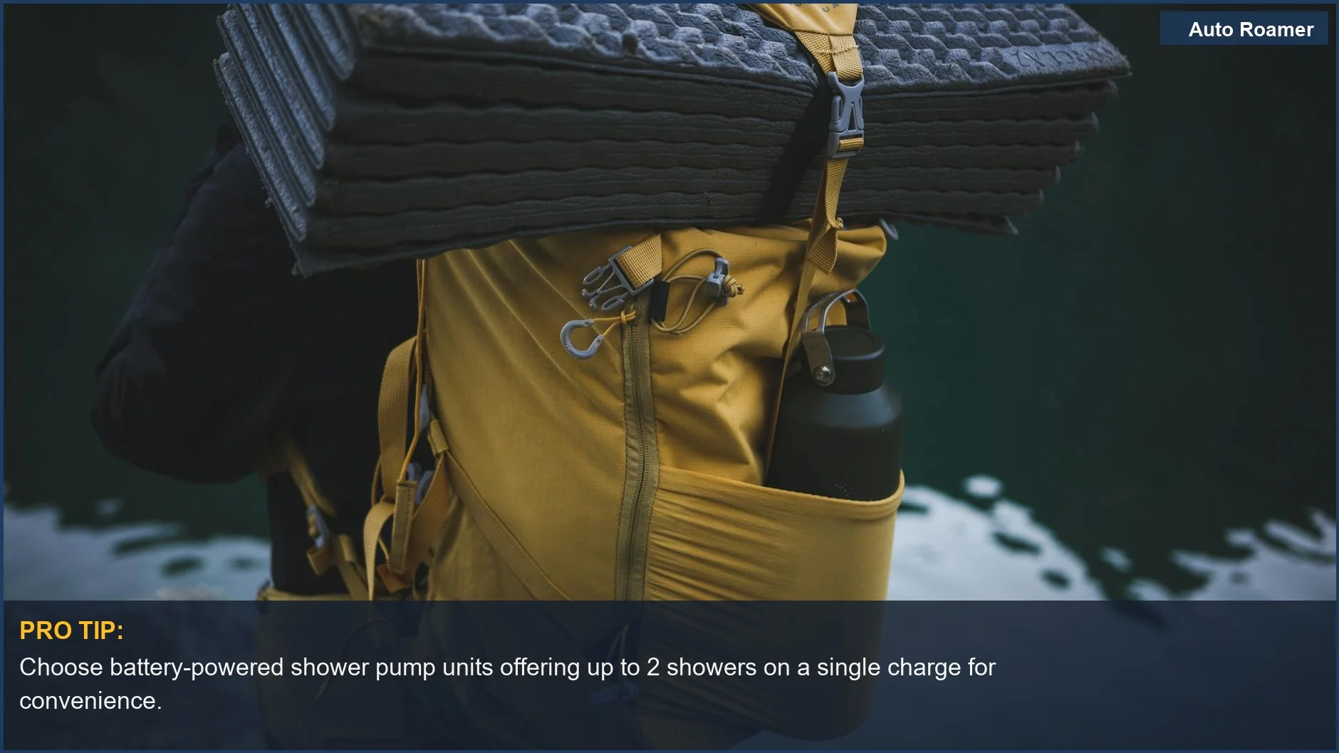 Yellow backpack with camping gear and water bottle, showing essential items for using a shower pump.