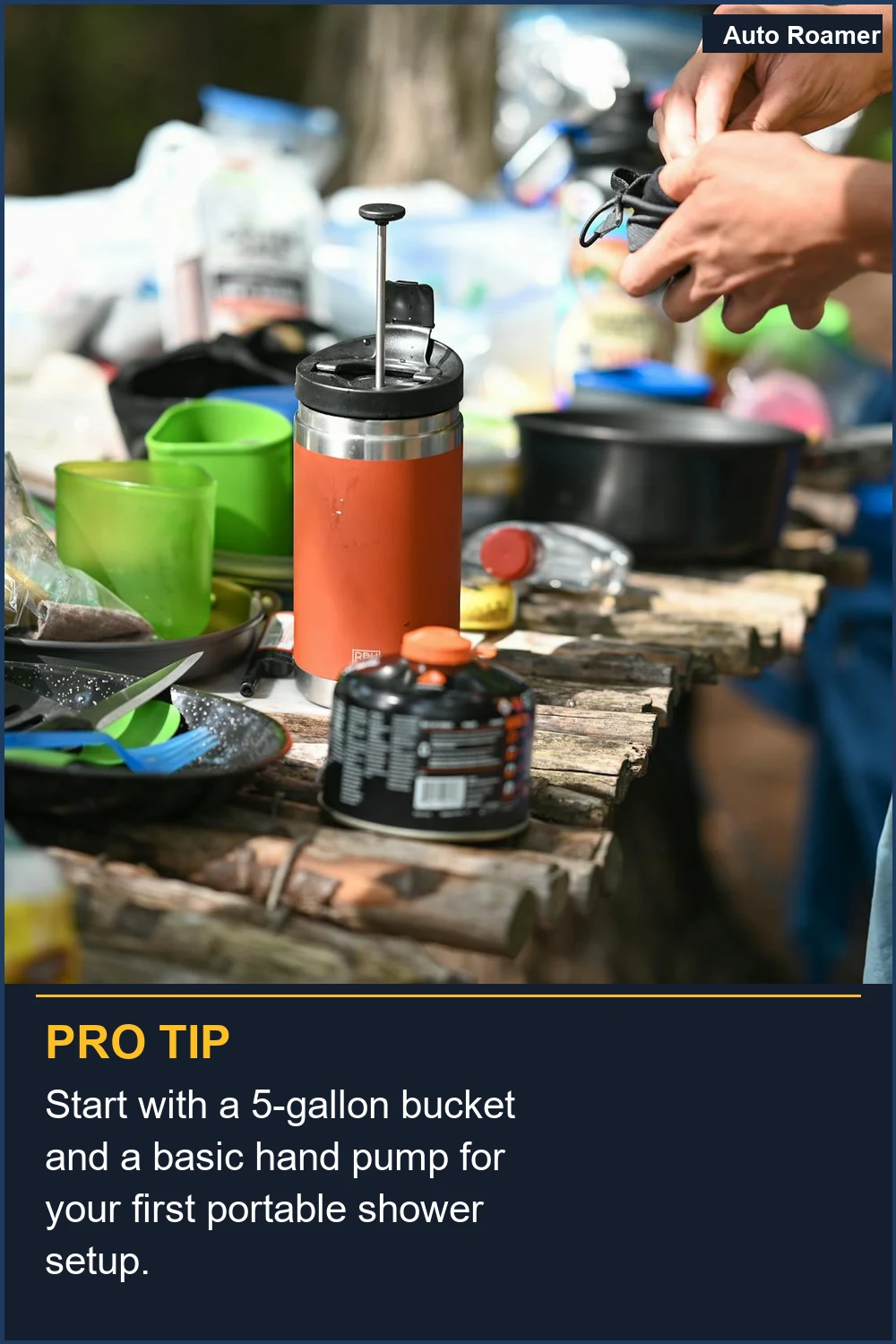 Start with a 5-gallon bucket and a basic hand pump for your first portable shower setup.