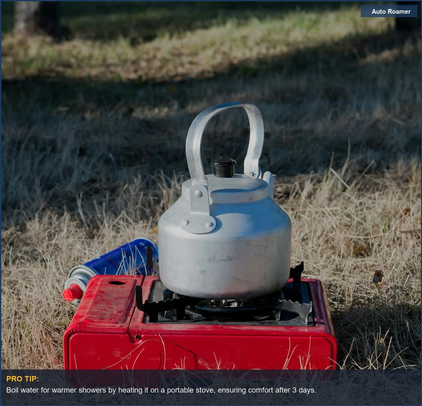 Kettle on a portable gas stove, illustrating the need for hygiene during car camping trips.