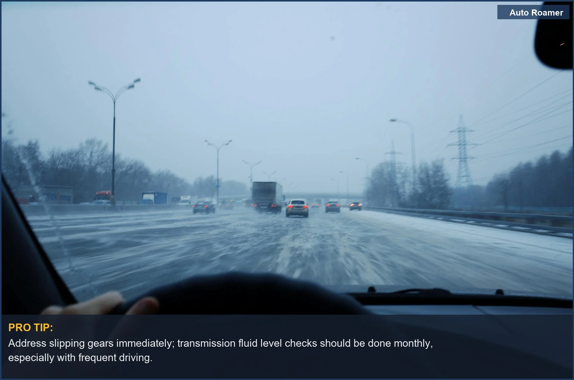 Car gears slipping on icy roads is a key sign of low transmission fluid symptoms during winter driving.