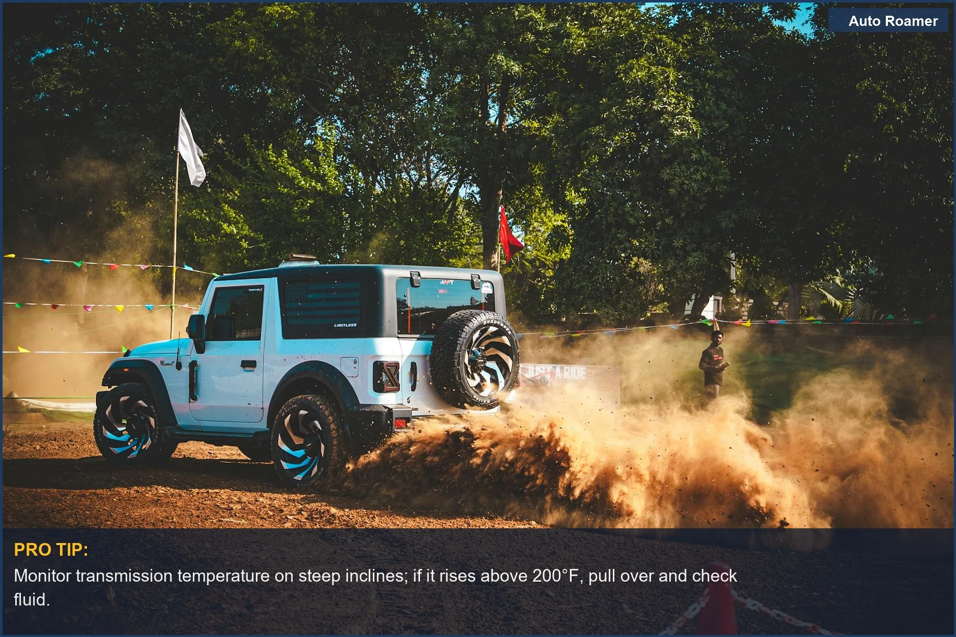 Rugged SUV off-roading in dust signifies transmission overheating due to low fluid levels.