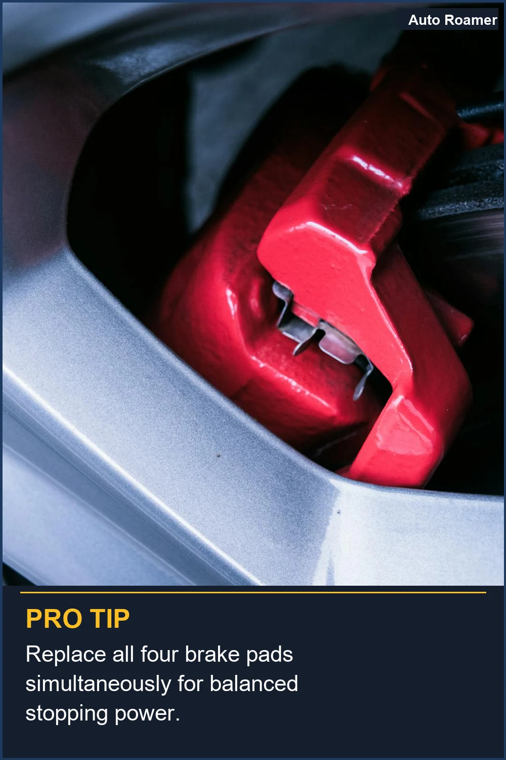 Replace all four brake pads simultaneously for balanced stopping power.