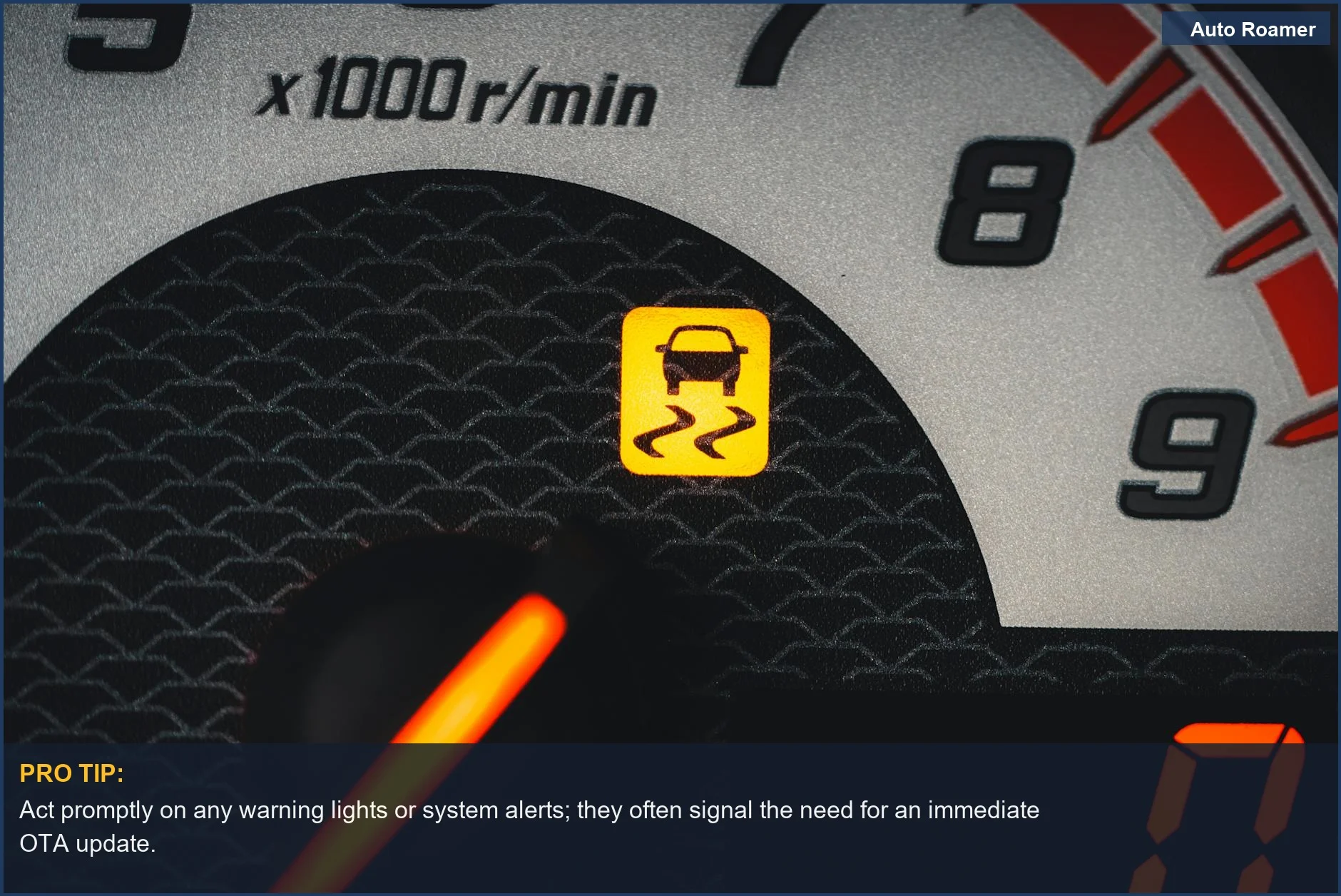Yellow traction control warning light illuminated on a car's dashboard.