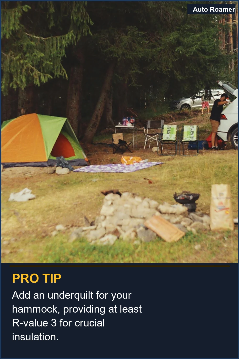 Add an underquilt for your hammock, providing at least R-value 3 for crucial insulation.