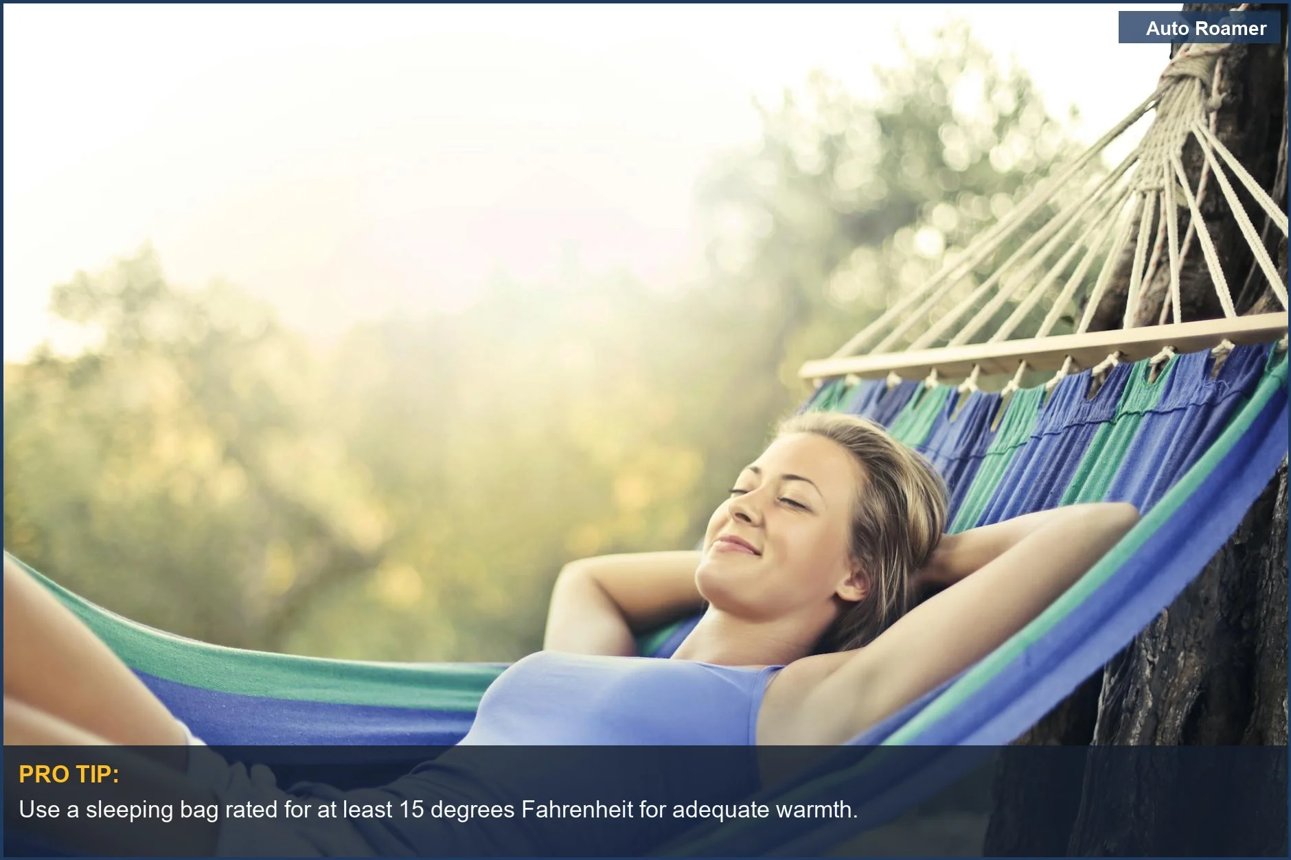 Woman comfortably sleeping in a colorful hammock, illustrating a car camping sleep setup.
