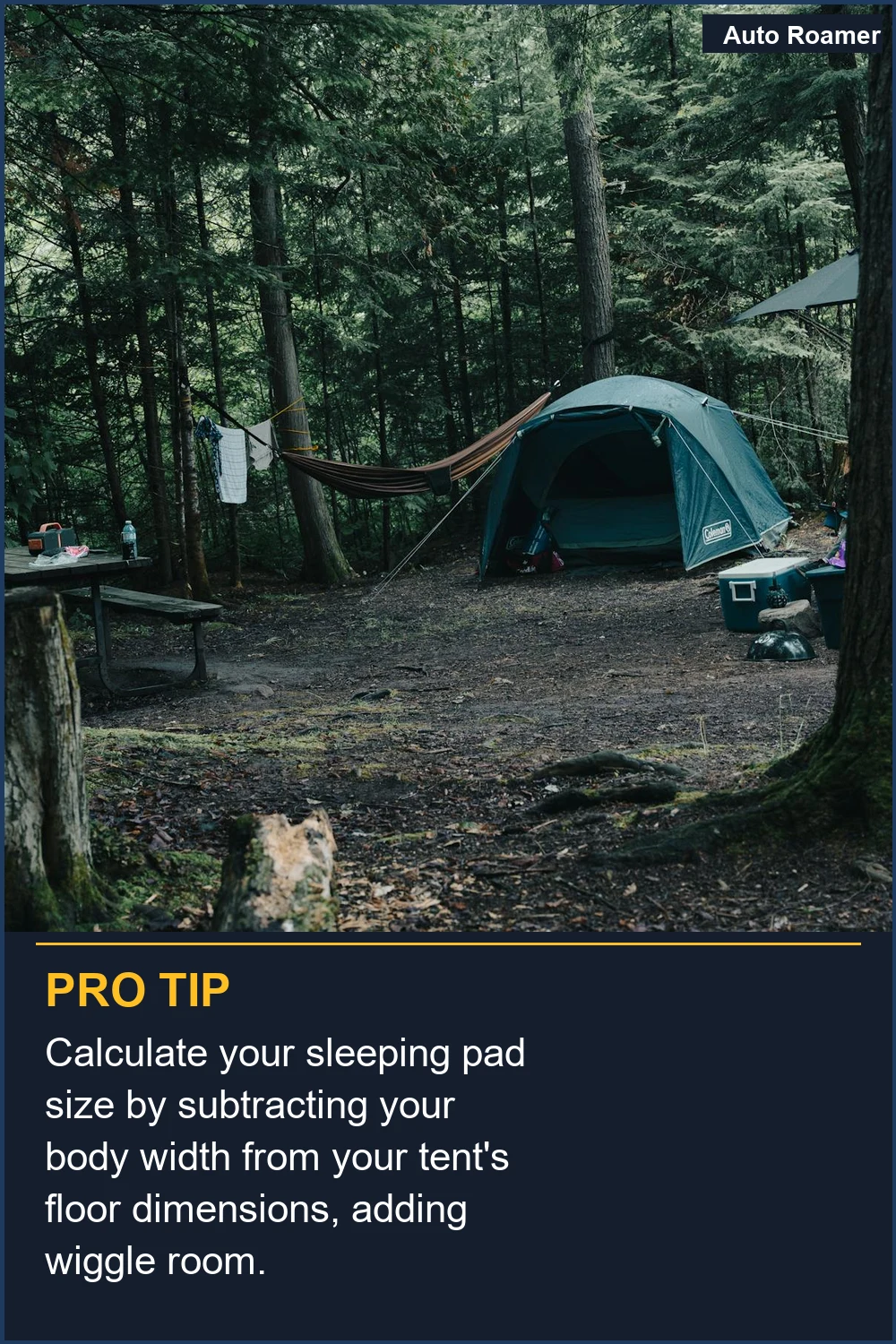 Calculate your sleeping pad size by subtracting your body width from your tent's floor dimensions, adding wiggle room.