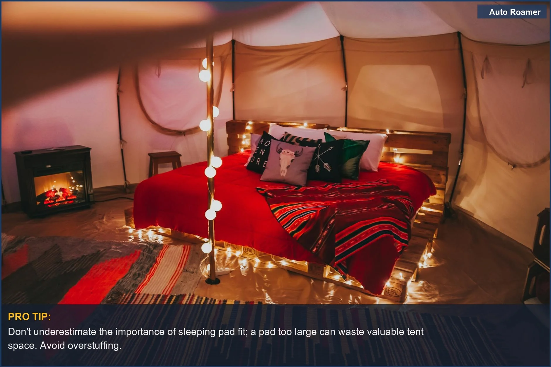 Cozy glamping tent interior with string lights and comfortable bedding, highlighting sleeping pad fit for space.