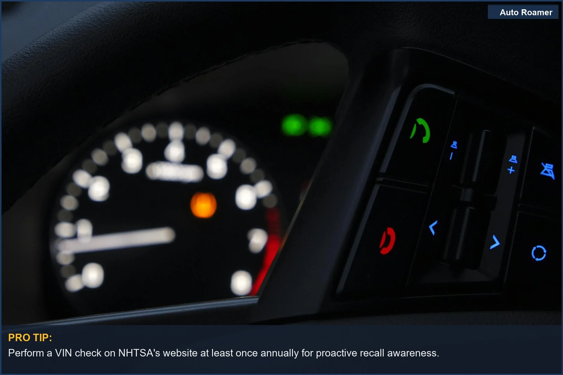 Illuminated gauges and controls on a modern car dashboard for checking vehicle recall data.