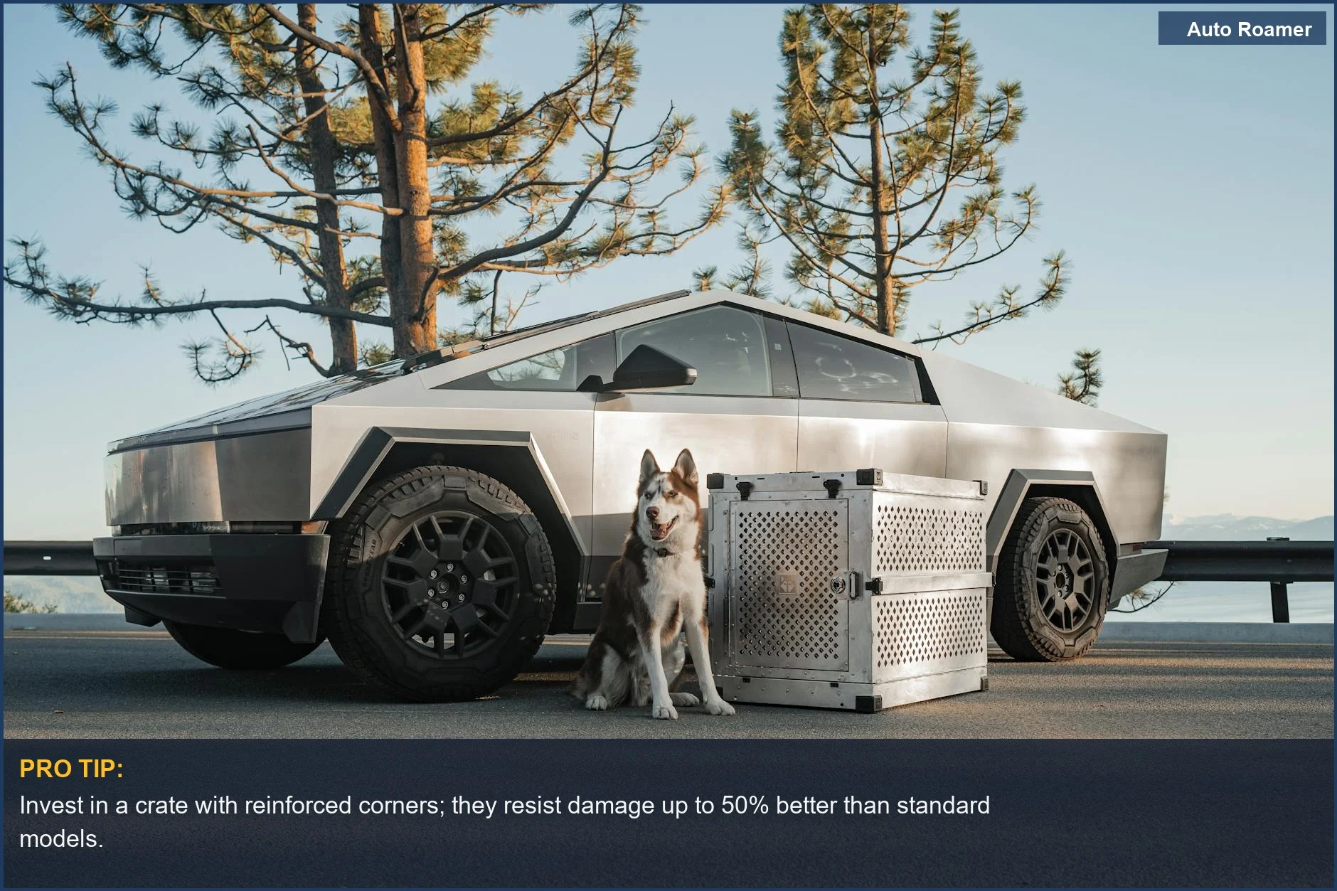 Premium dog crate with Siberian Husky in a futuristic vehicle near Lake Tahoe, highlighting durable options.