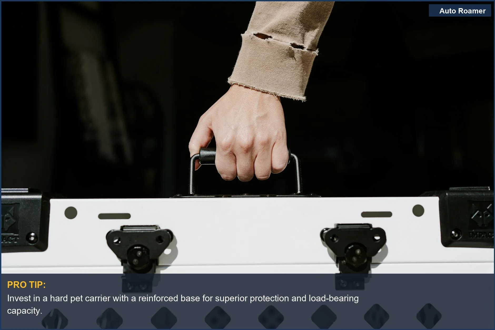 Hand holding a durable white hard pet carrier, showcasing its sturdy construction for protection.