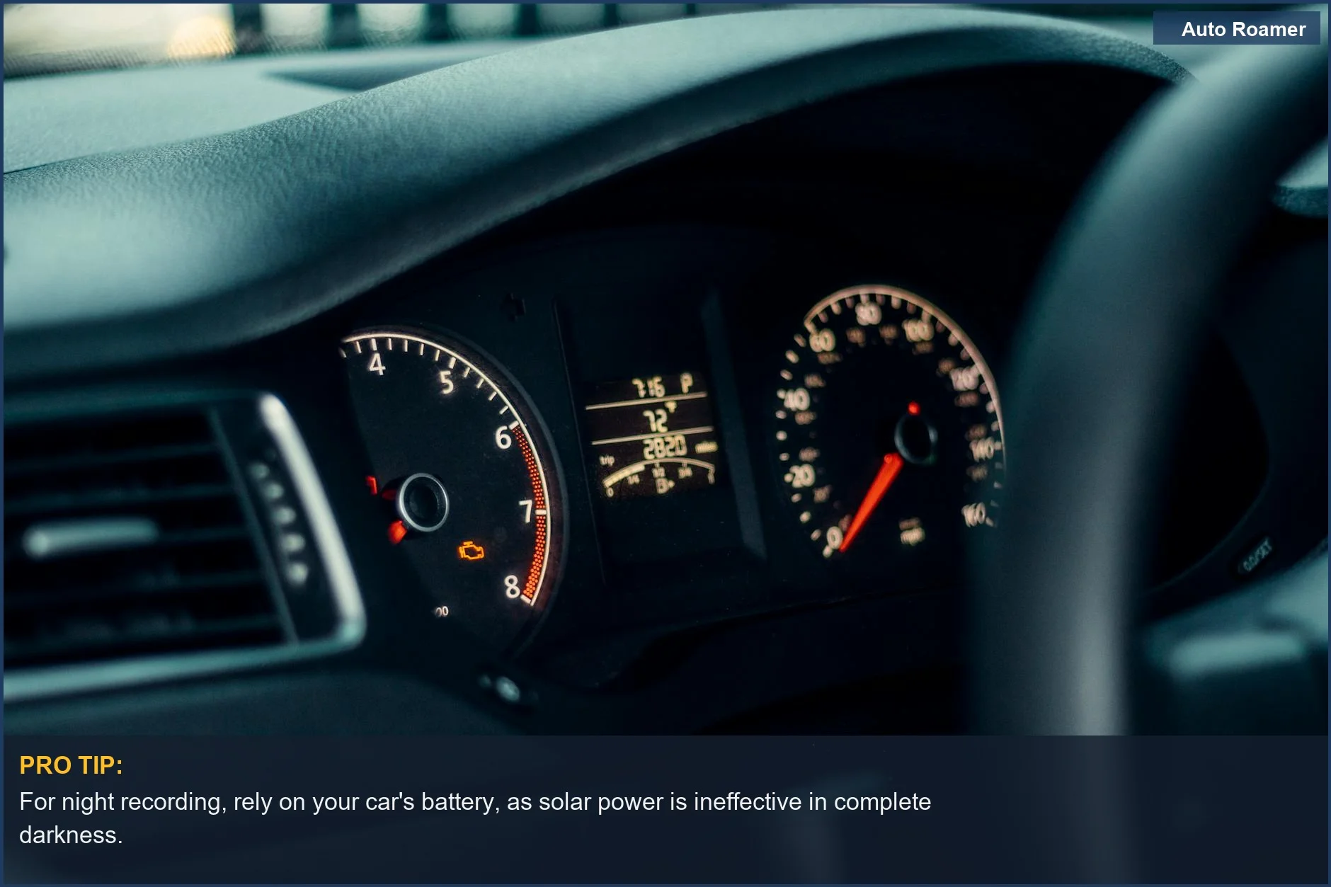 Illuminated car dashboard at night with tech displays, underscoring solar dash cam reliability challenges.