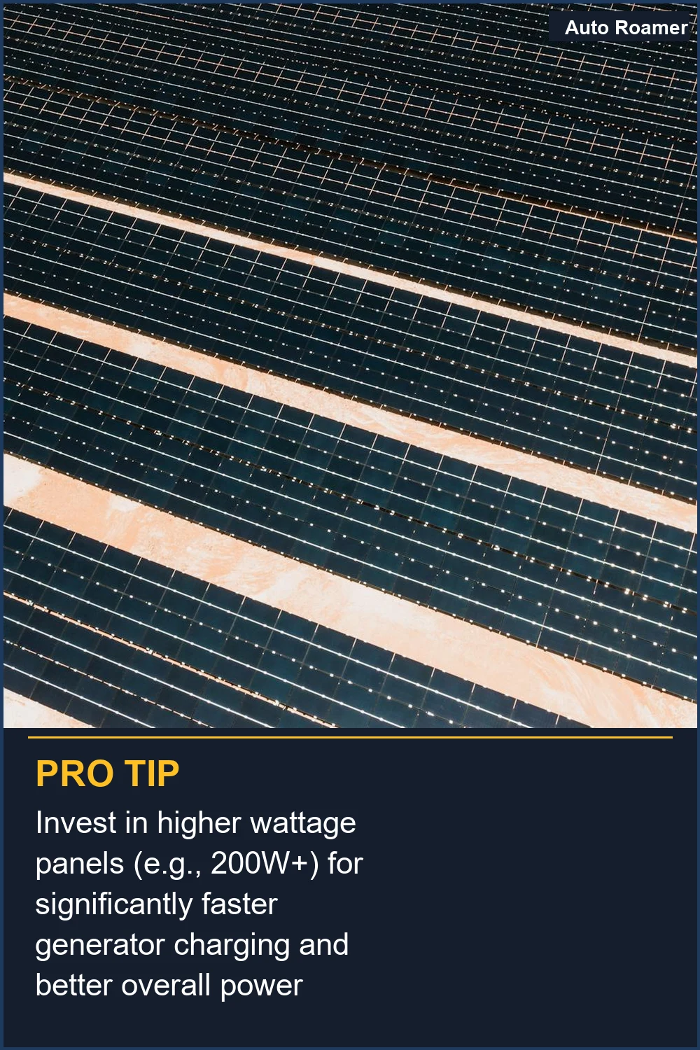 Invest in higher wattage panels (e.g., 200W+) for significantly faster generator charging and better overall power generation.