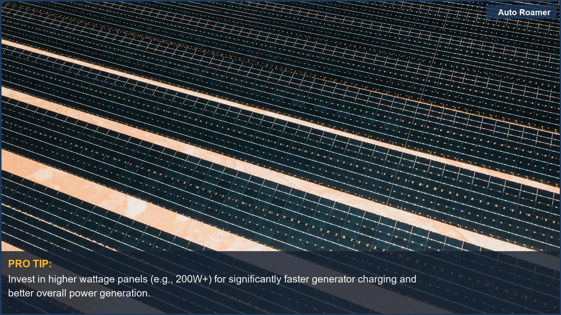 Aerial view of vast solar panel farm, showing efficient alternative energy for solar generator charging speed.