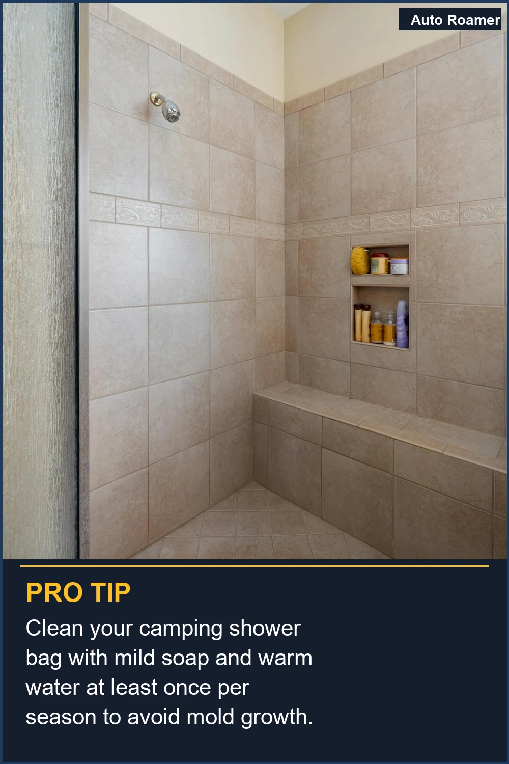 Clean your camping shower bag with mild soap and warm water at least once per season to avoid mold growth.