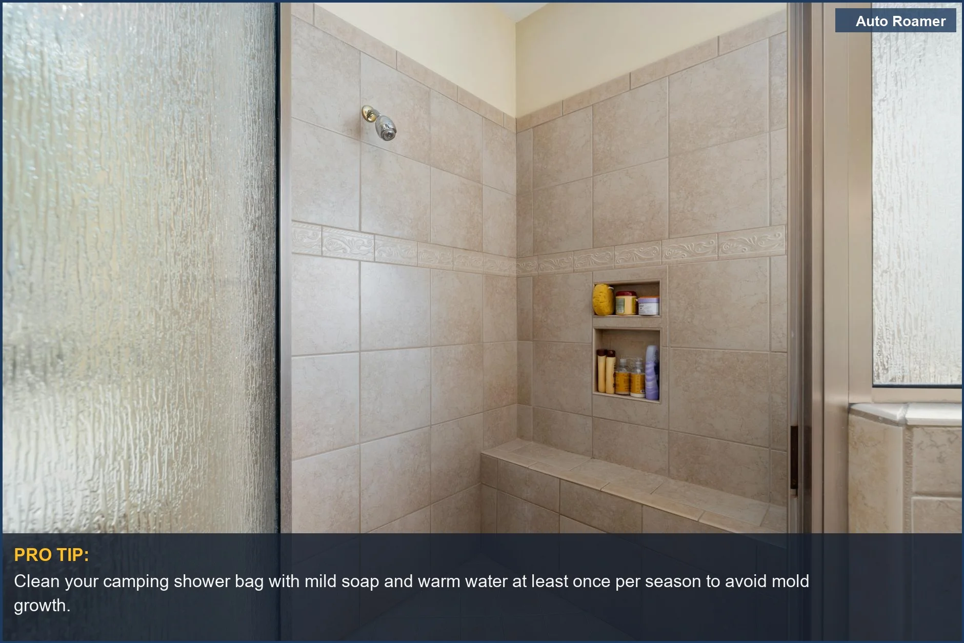 Elegant beige tiled walk-in shower, perfect for illustrating camping shower cleaning techniques for longevity.