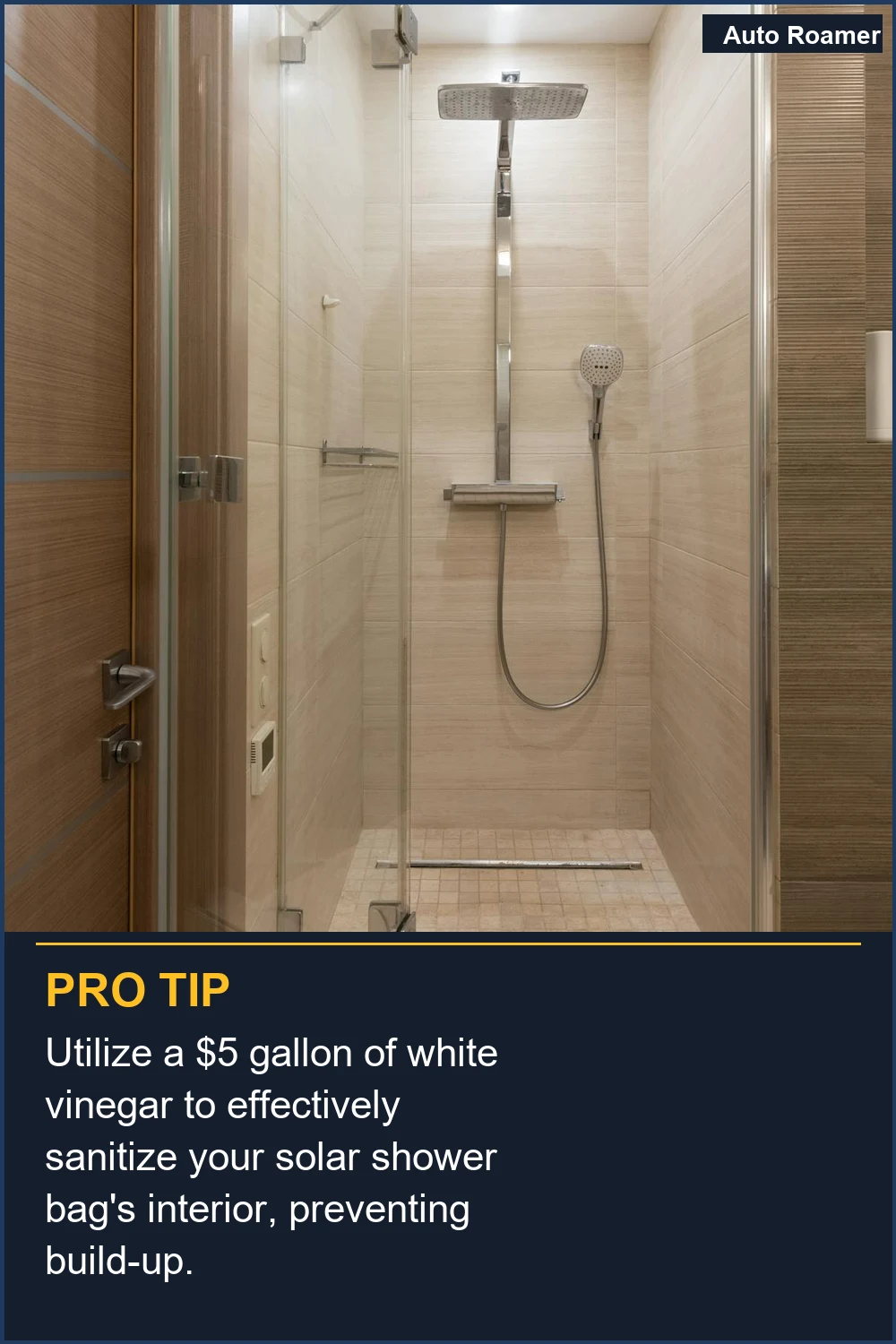 Utilize a $5 gallon of white vinegar to effectively sanitize your solar shower bag's interior, preventing build-up.