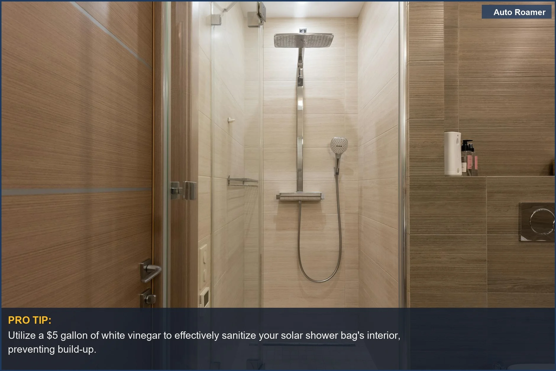 Sleek modern shower with glass door, demonstrating how to achieve solar shower longevity with simple solutions.