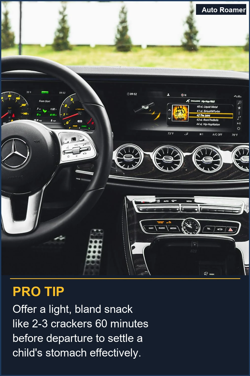 Offer a light, bland snack like 2-3 crackers 60 minutes before departure to settle a child's stomach effectively.