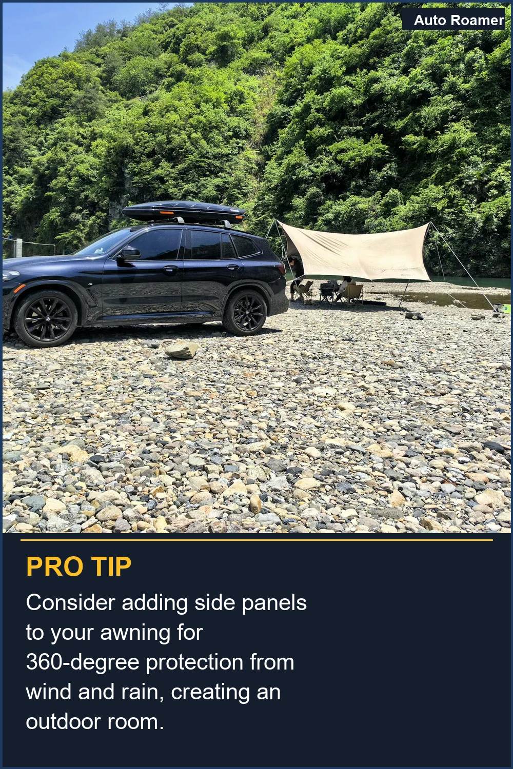 Consider adding side panels to your awning for 360-degree protection from wind and rain, creating an outdoor room.