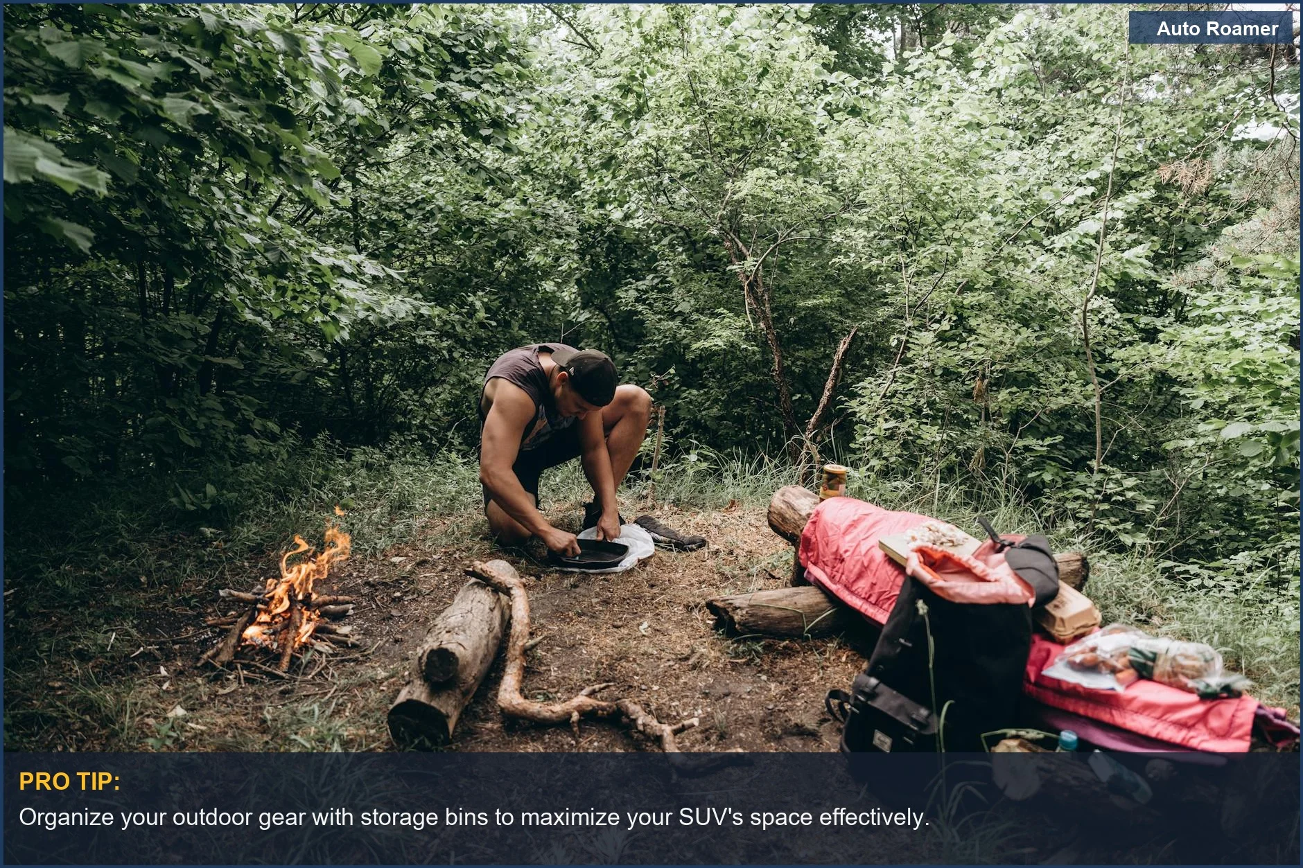 Man setting up a campfire in a forest, showcasing outdoor gear for SUV camping.