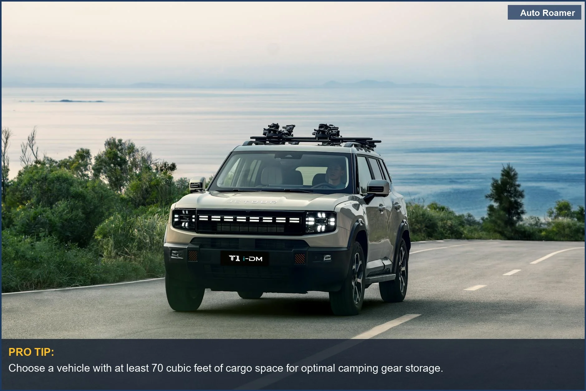 Modern eco-friendly SUV exploring scenic coastal routes for SUV camping ideas.