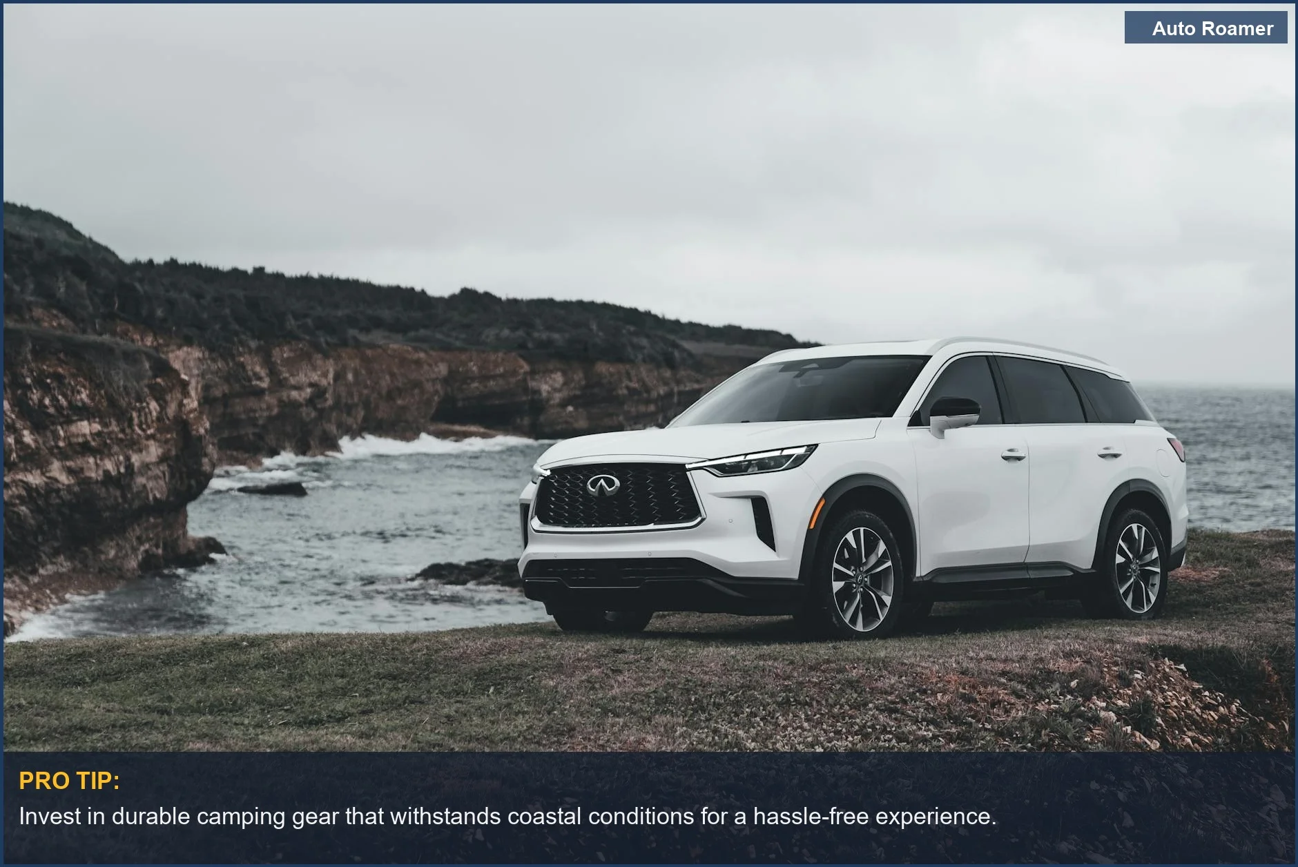 White SUV parked near rugged cliffs, perfect for SUV camping setups.