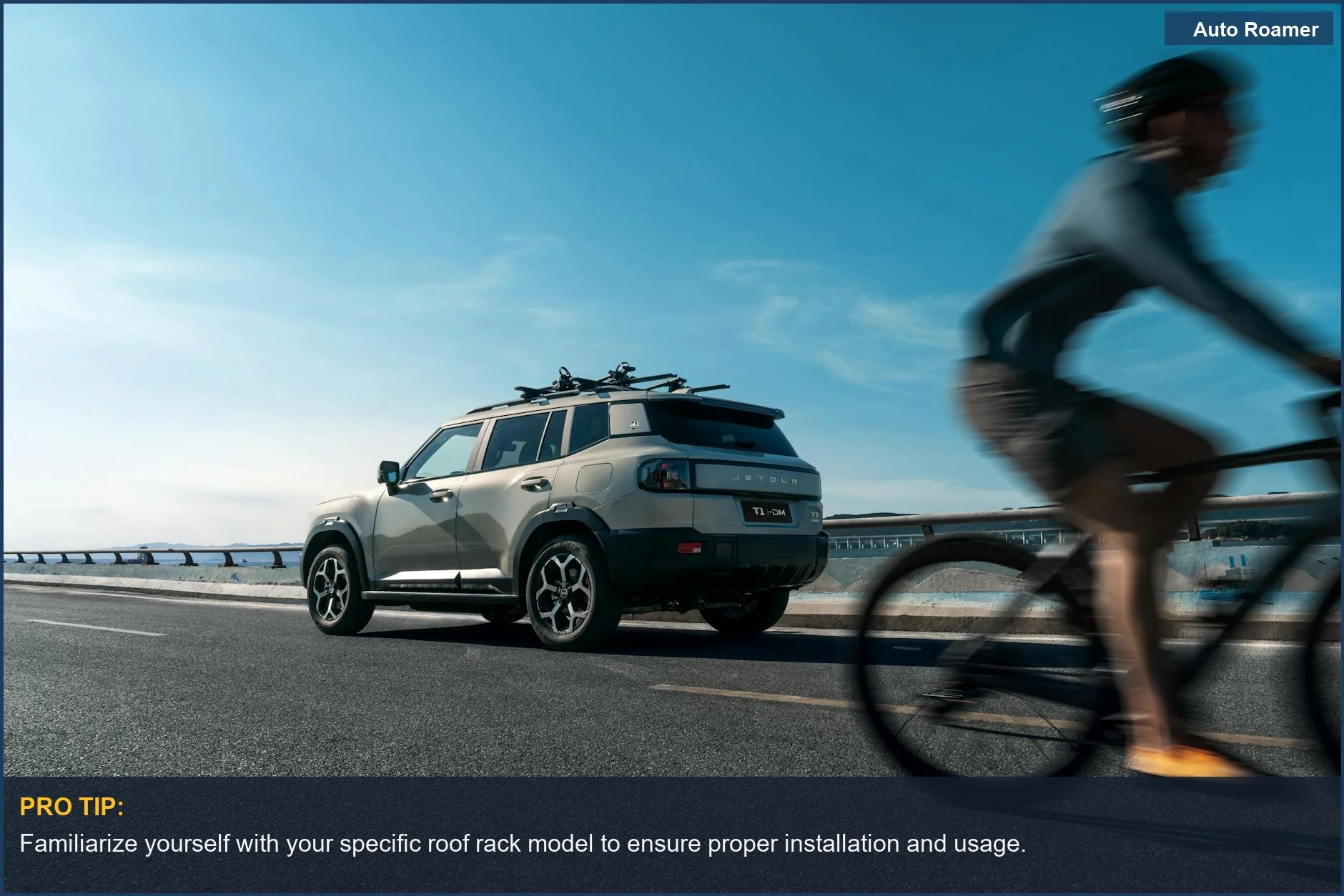 Modern SUV with bike rack alongside a cyclist on a sunny highway, showing outdoor readiness.