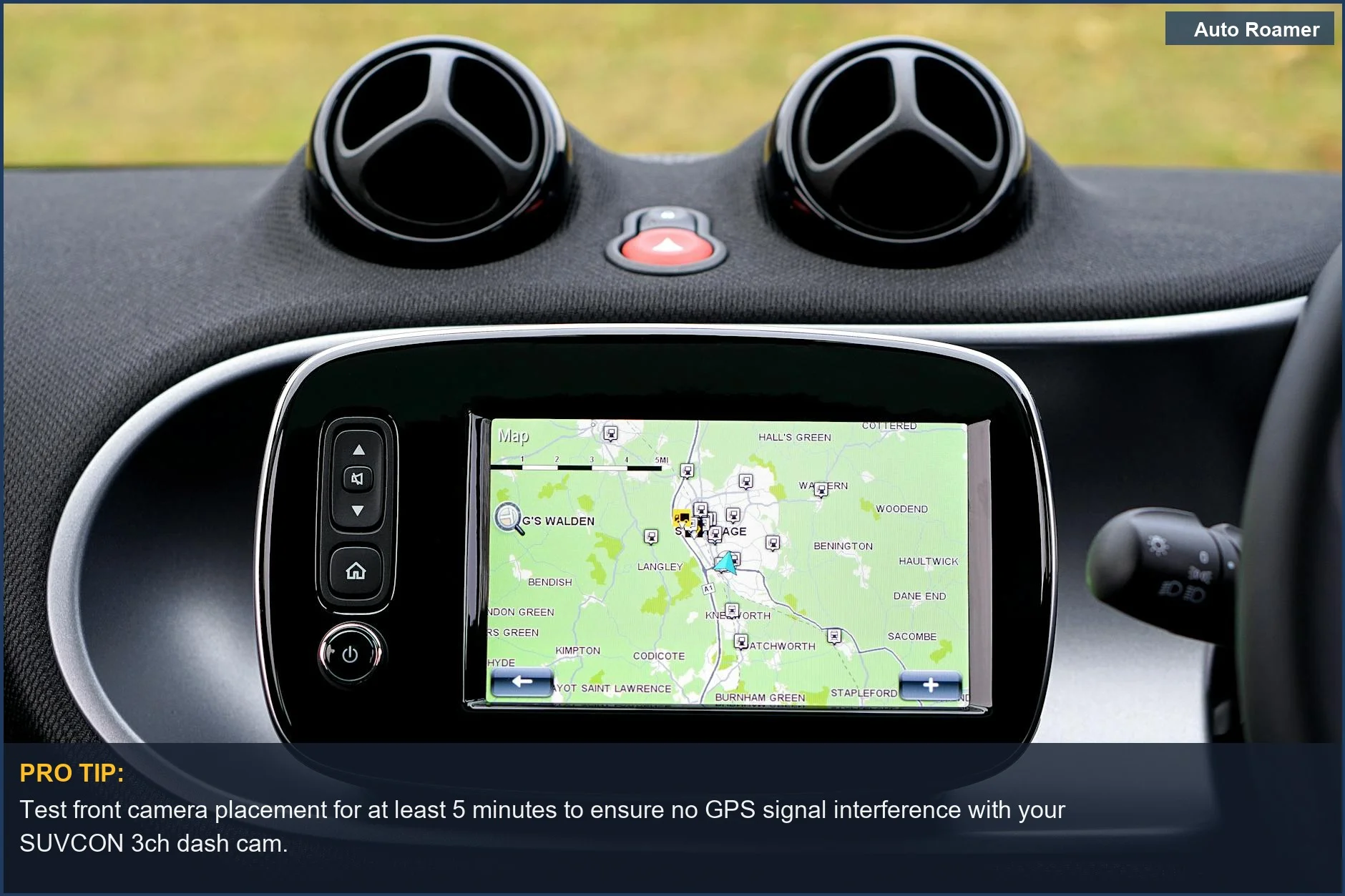 Modern car dashboard with GPS navigation, ideal placement for front camera in your SUVCON 3ch dash cam setup.