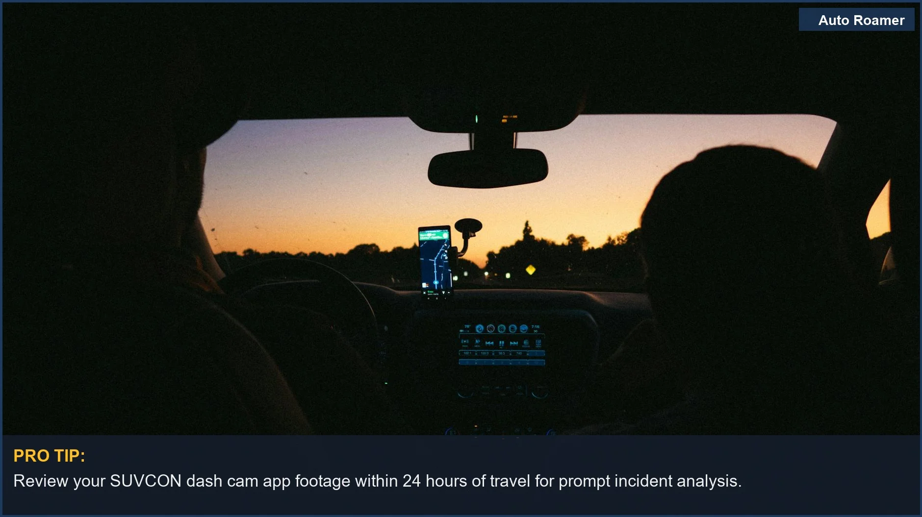 Car interior with a navigation app on a sunset drive, demonstrating how the SUVCON dash cam app enhances travel safety.