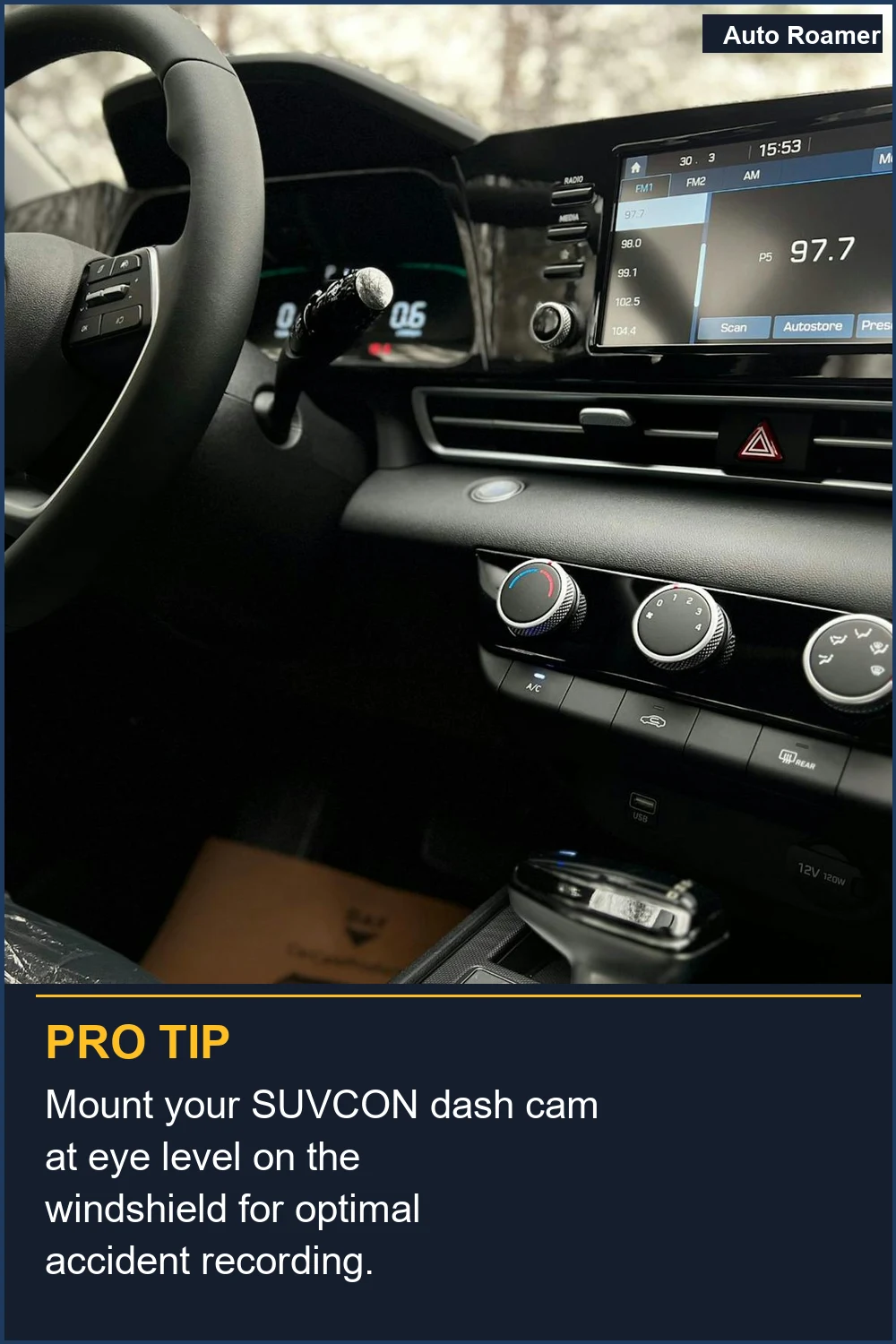 Mount your SUVCON dash cam at eye level on the windshield for optimal accident recording.