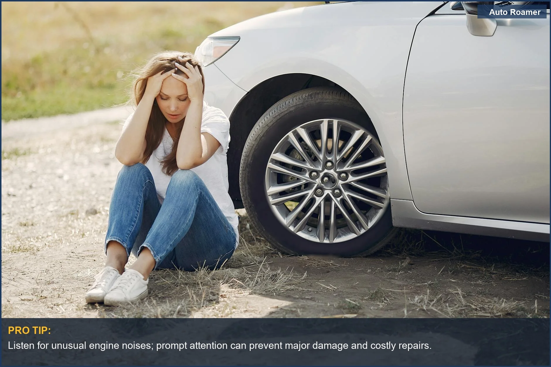 Frustrated woman sitting by damaged car, worried about engine wear and car reliability.