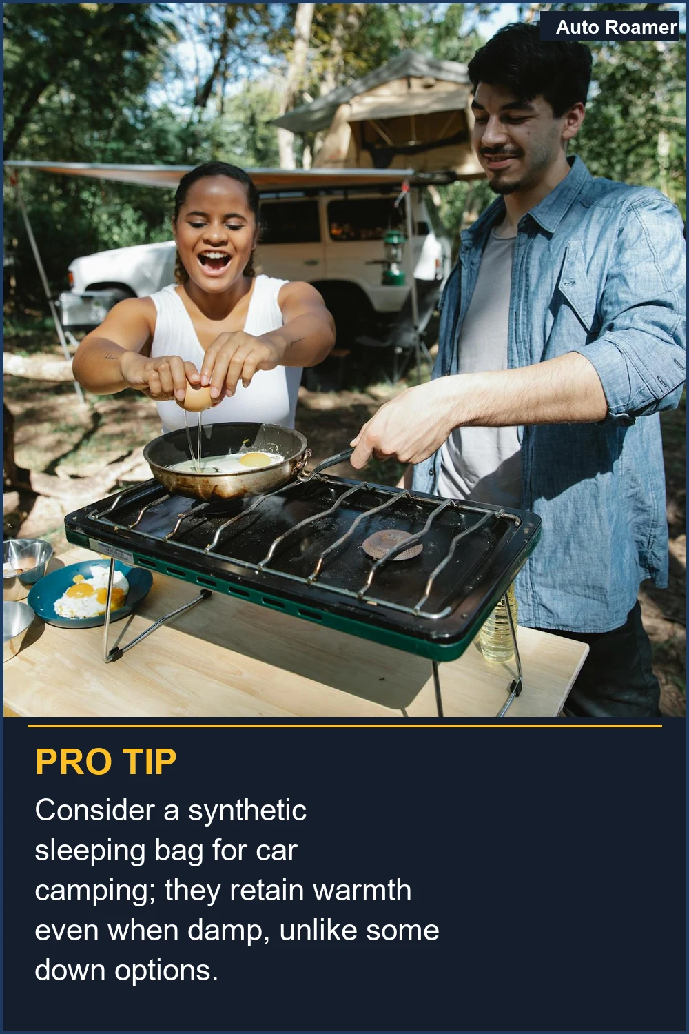 Consider a synthetic sleeping bag for car camping; they retain warmth even when damp, unlike some down options.