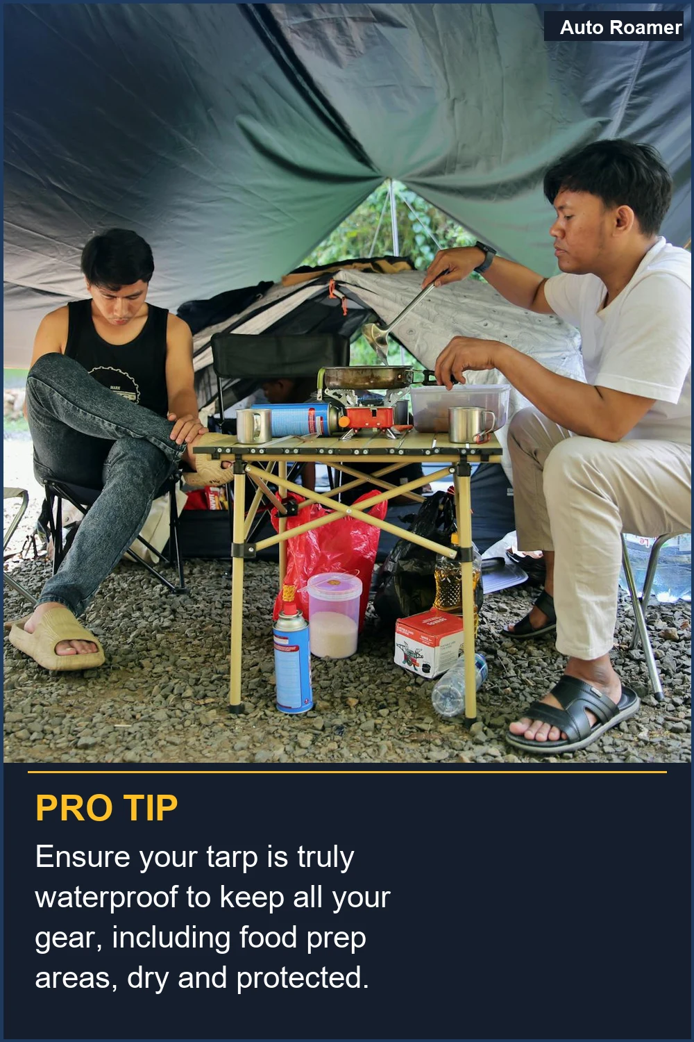Ensure your tarp is truly waterproof to keep all your gear, including food prep areas, dry and protected.