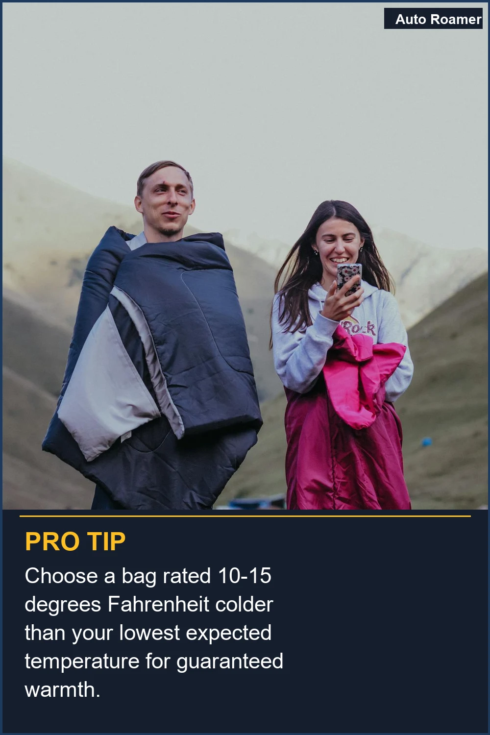 Choose a bag rated 10-15 degrees Fahrenheit colder than your lowest expected temperature for guaranteed warmth.