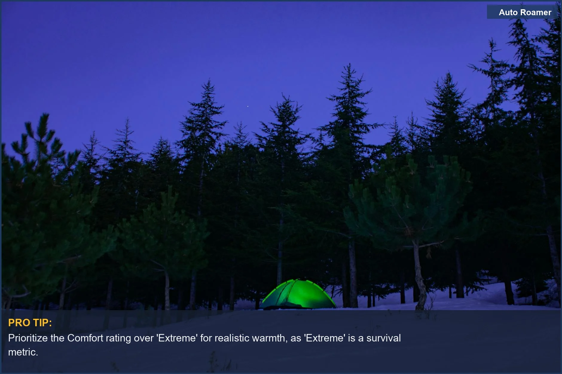 Vibrant green tent in a snowy forest at twilight, perfect for car camping sleeping bag considerations.