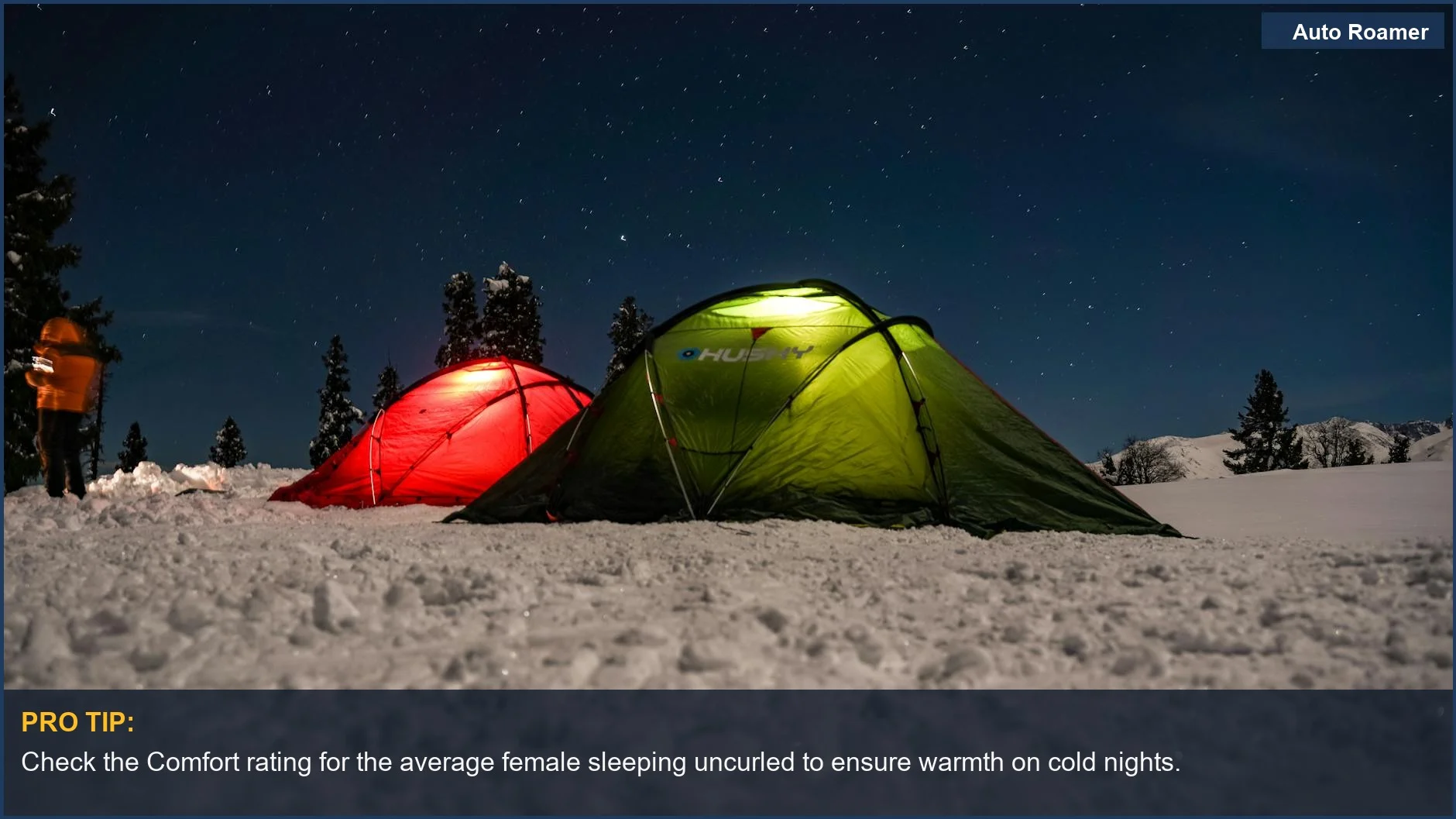 Two illuminated tents on a snowy landscape under a starry sky, illustrating car camping sleeping bag temperature ratings.