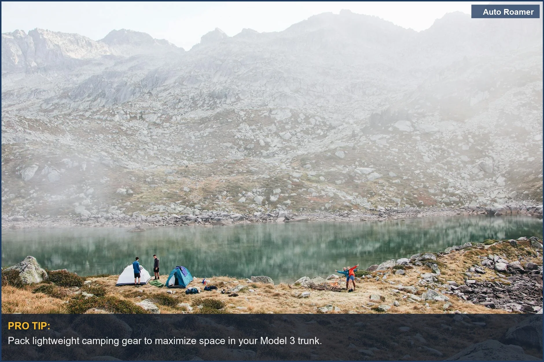 Campers enjoying a lakeside adventure with Tesla Model 3 camping accessories.