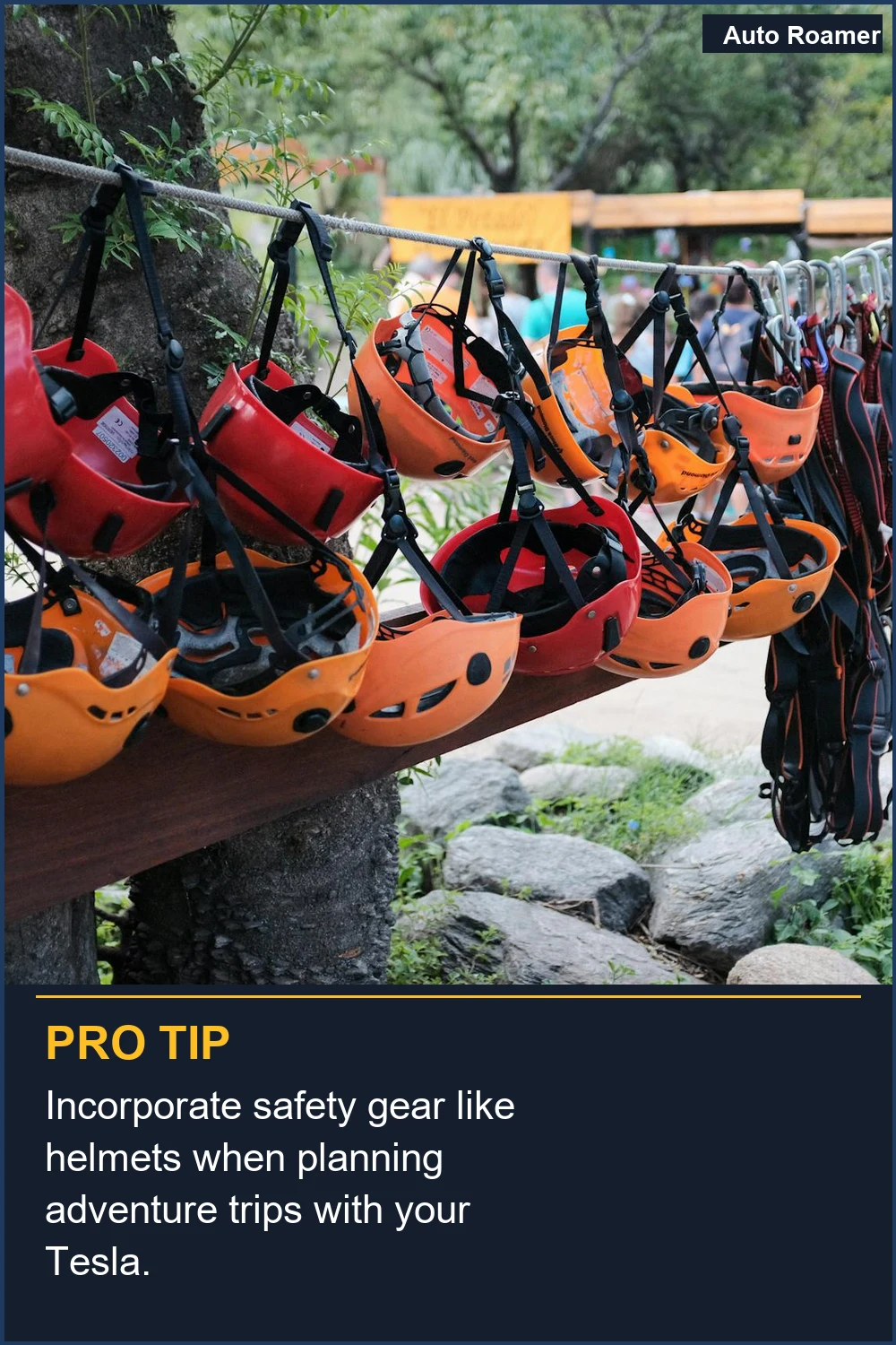 Incorporate safety gear like helmets when planning adventure trips with your Tesla.