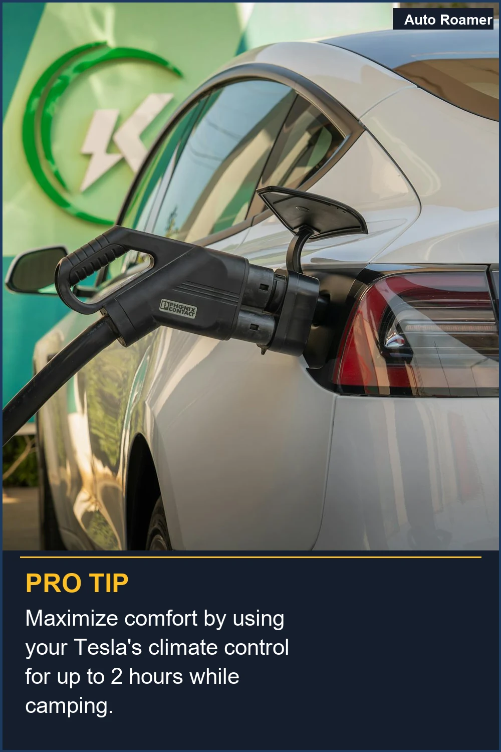 Maximize comfort by using your Tesla's climate control for up to 2 hours while camping.