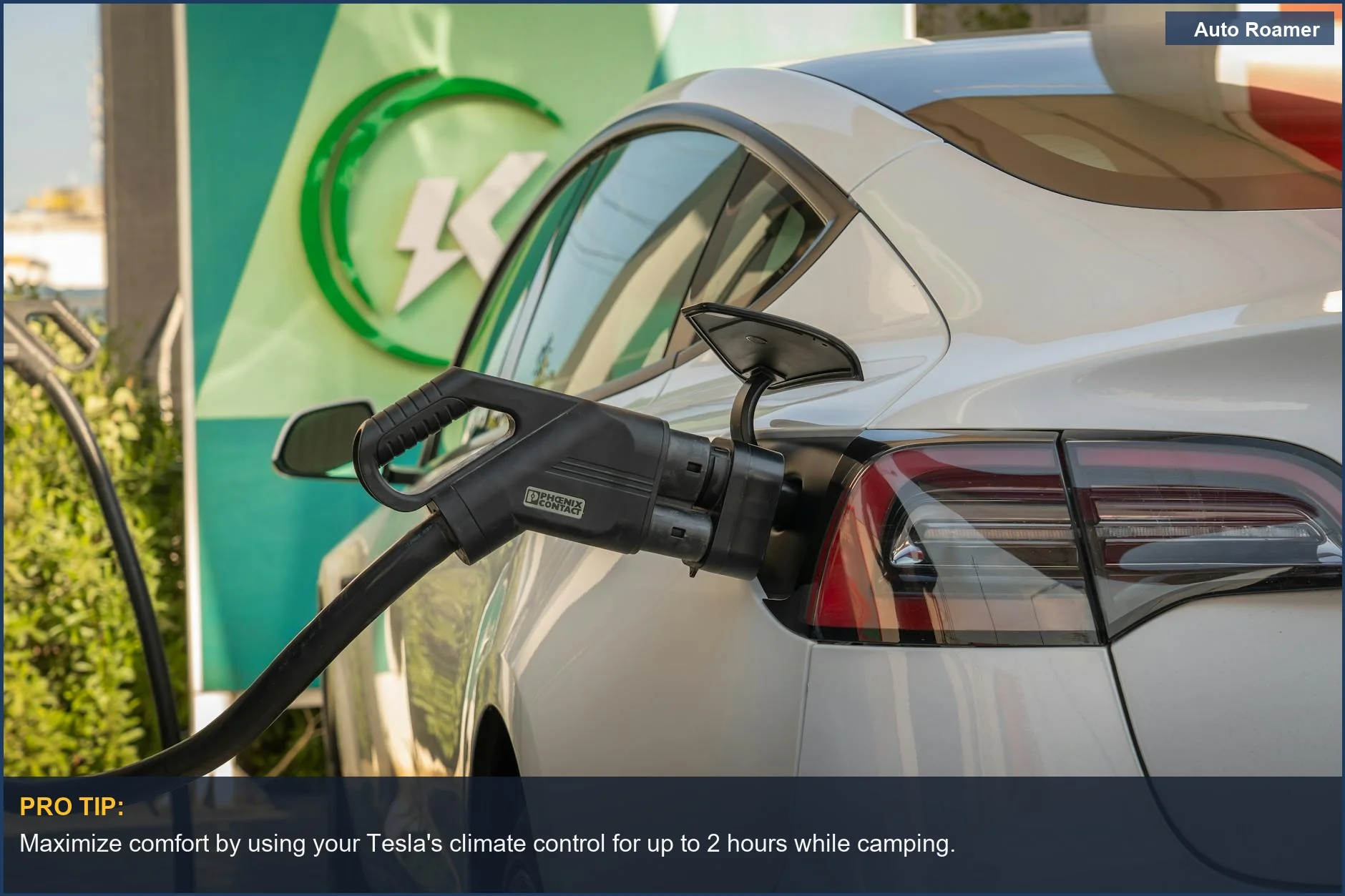 Tesla Model 3 charging station close-up, showcasing the eco-friendly power source for a Tesla camping tent setup.