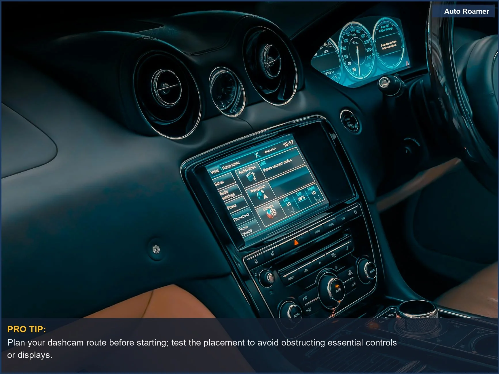 Luxury car interior dashboard and touchscreen, ideal for visualizing a sleek Tesla Model 3 dashcam installation.