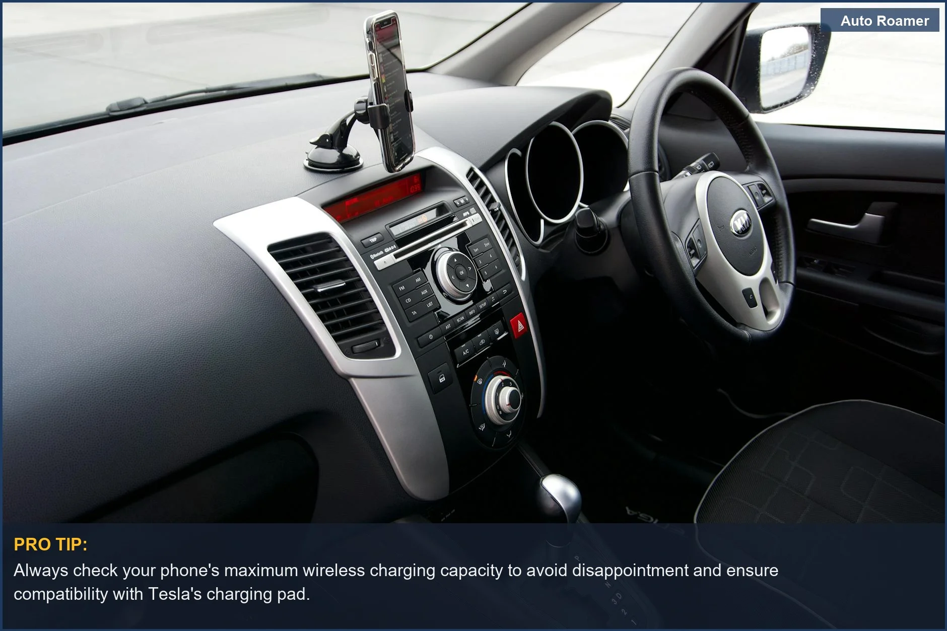 Sleek Tesla Model 3 dashboard featuring a smartphone mount and steering wheel, ideal for understanding charging options.
