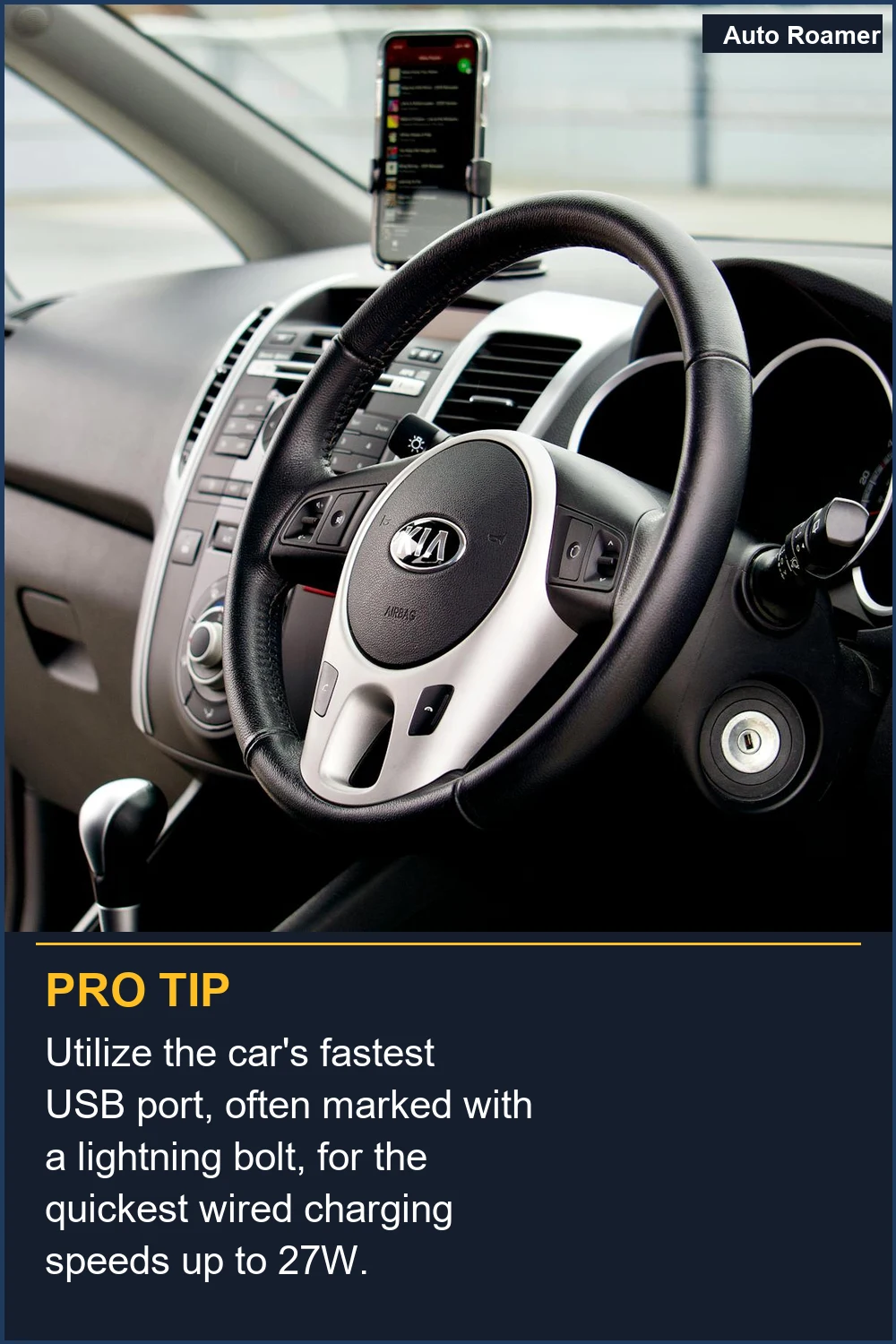 Utilize the car's fastest USB port, often marked with a lightning bolt, for the quickest wired charging speeds up to 27W.