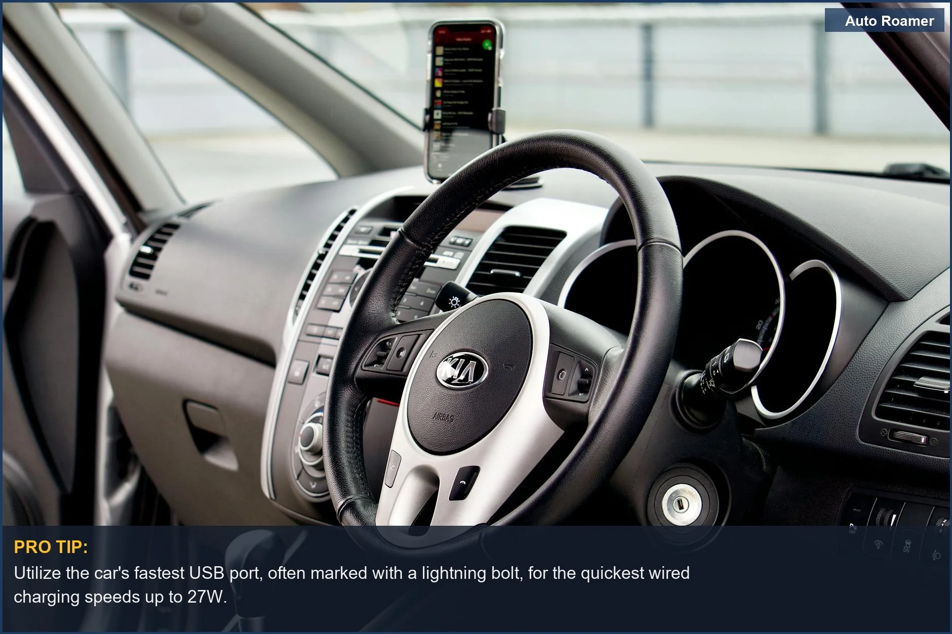 Modern Tesla Model 3 interior with a smartphone securely mounted on the dashboard, highlighting the USB charging option.