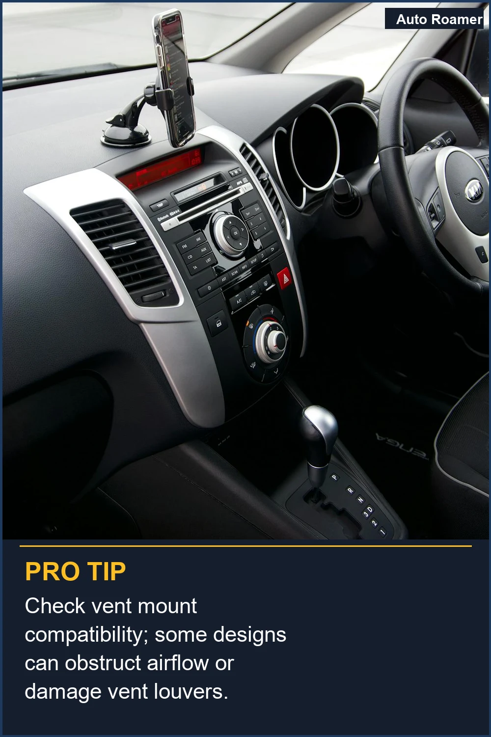 Check vent mount compatibility; some designs can obstruct airflow or damage vent louvers.